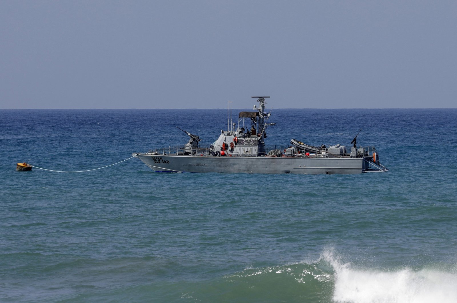 An Israeli Navy vessel is moored in the Mediterranean waters off Israel&#039;s crossing at Rosh Hanikra, known in Lebanon as Ras al-Naqura, at the border between the two countries, Oct. 4, 2022. (AFP Photo)