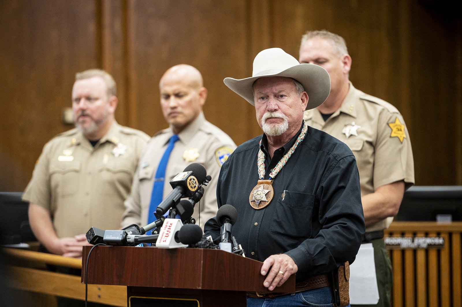 Merced County Sheriff Vern Warnke, speaks at a news conference about the kidnapping of 8-month-old Aroohi Dheri, her mother Jasleen Kaur, her father Jasdeep Singh, and her uncle Amandeep Singh. Merced, California, Oct. 5, 2022. (AP Photo)