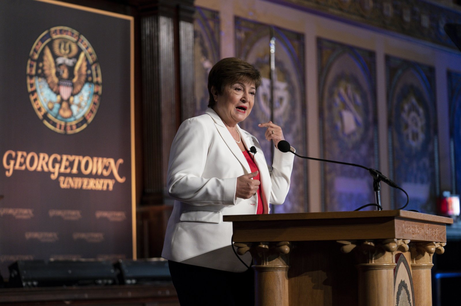 International Monetary Fund Managing Director Kristalina Georgieva speaks on the global economic outlook and key issues to be addressed at this month&#039;s IMF and World Bank Annual Meetings, at Georgetown University in Washington, U.S., Oct. 6, 2022. (AP Photo)