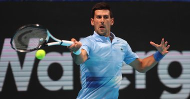 Serbia's Novak Djokovic in action against Marin Cilic of Croatia during the final match of the Tel Aviv Watergen open tournament, Tel Aviv, Israel, Oct. 02, 2022.  (EPA Photo)