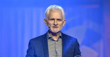Belarusian democracy activist of the human rights organization Viasna, Ales Bialiatski speaks after receiving the 2020 Right Livelihood Award, Stockholm, Sweden, Dec. 3, 2020 (Reissued on Oct. 07 2022). (EPA Photo)