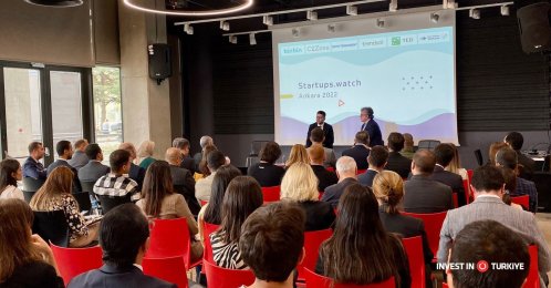 Investment Office head Burak Dağlıoğlu (L) delivers a speech at the startups.watch 2022 event, in Ankara, Türkiye, Oct. 4, 2022. (Twitter photo courtesy of @InvestTurkey)