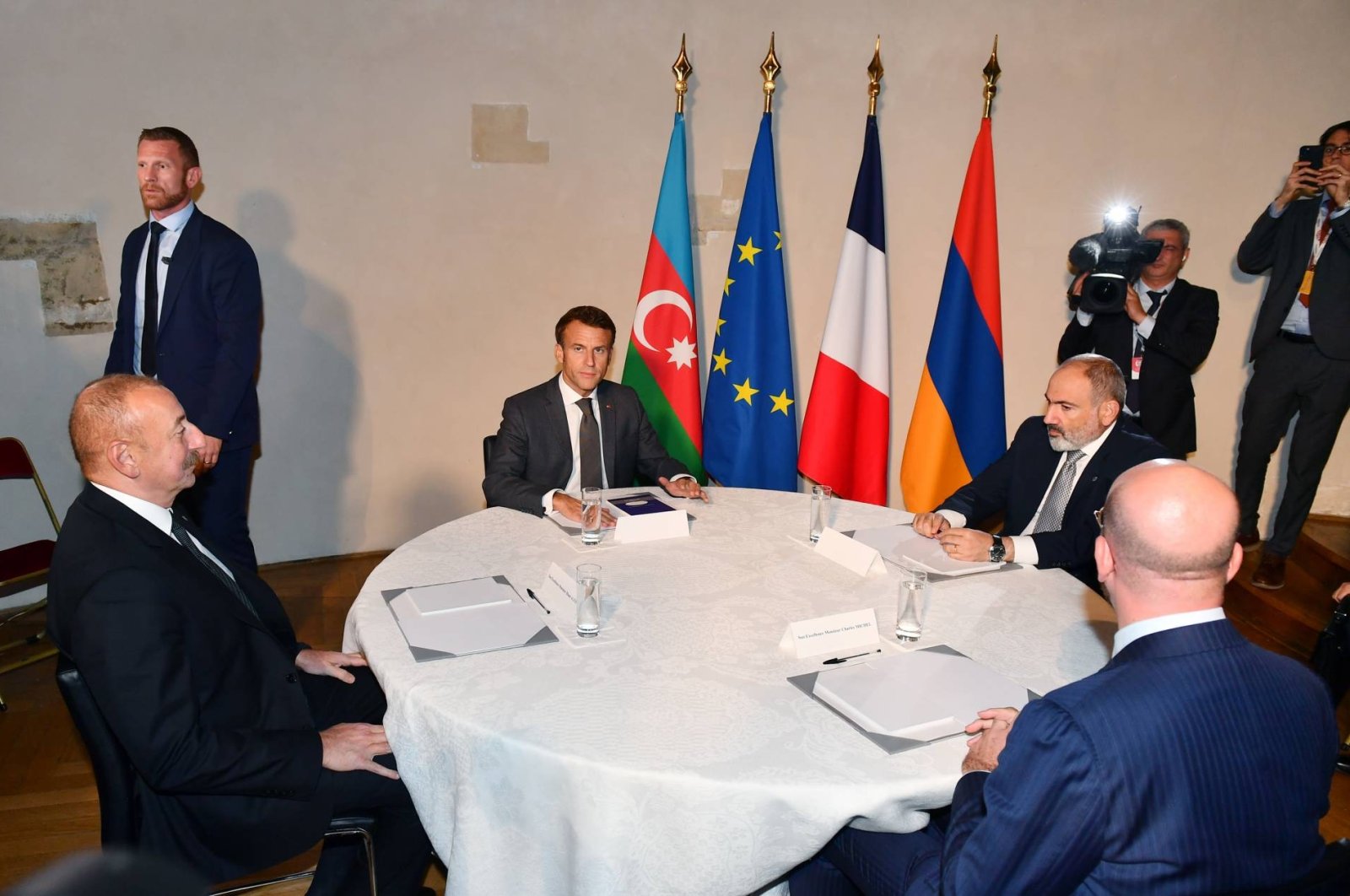Azerbaijani President Ilham Aliyev, Armenian Prime Minister Nikol Pashinian, French President Emmanuel Macron, and European Council President Charles Michel come together for European Political Summit in Prague, Czech Republic, Oct. 6, 2022. (AA Photo)