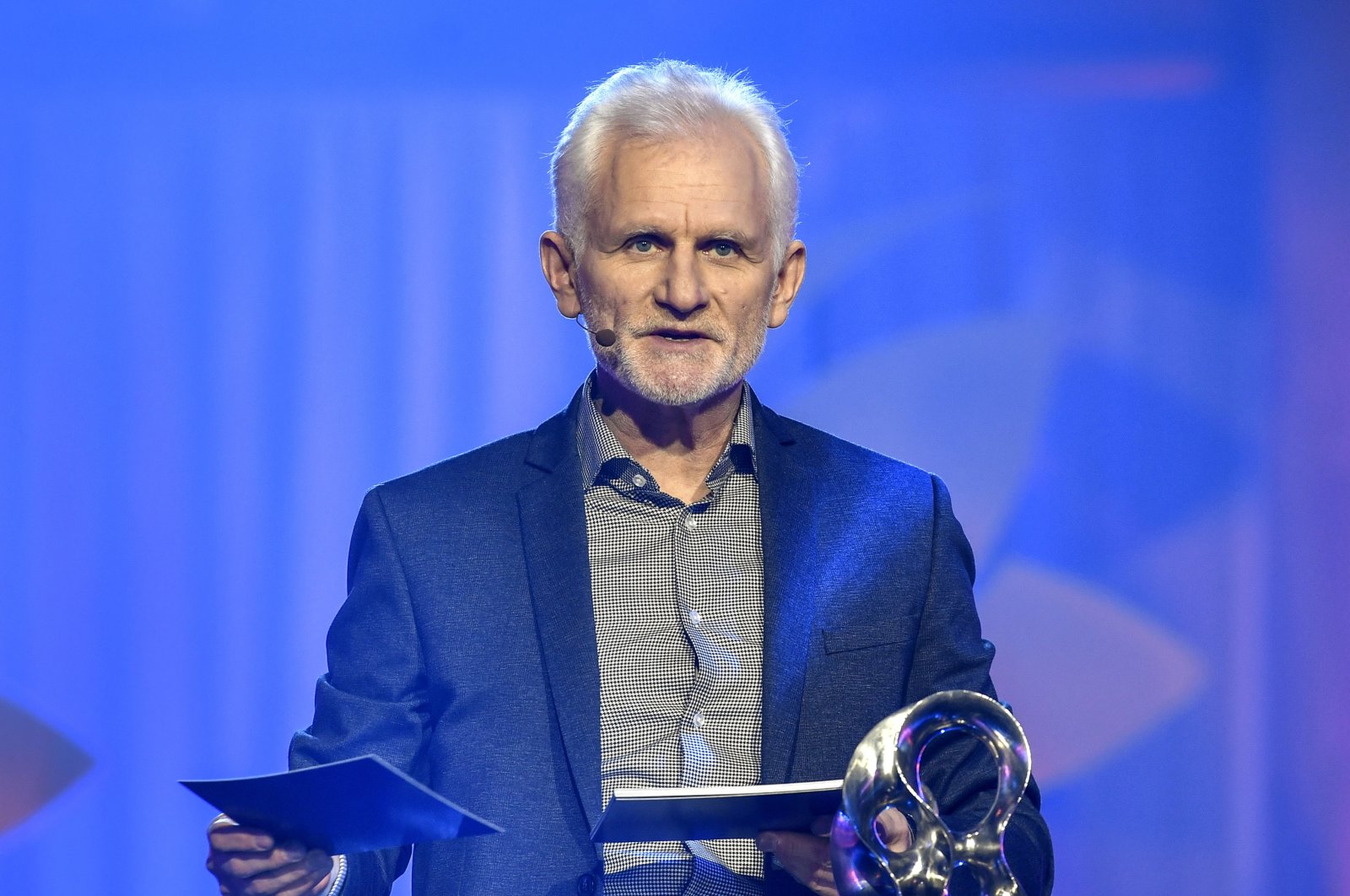 Belarusian democracy activist of the human rights organization Viasna, Ales Bialiatski speaks after receiving the 2020 Right Livelihood Award, Stockholm, Sweden, Dec. 3, 2020 (Reissued on Oct. 07 2022). (EPA Photo)
