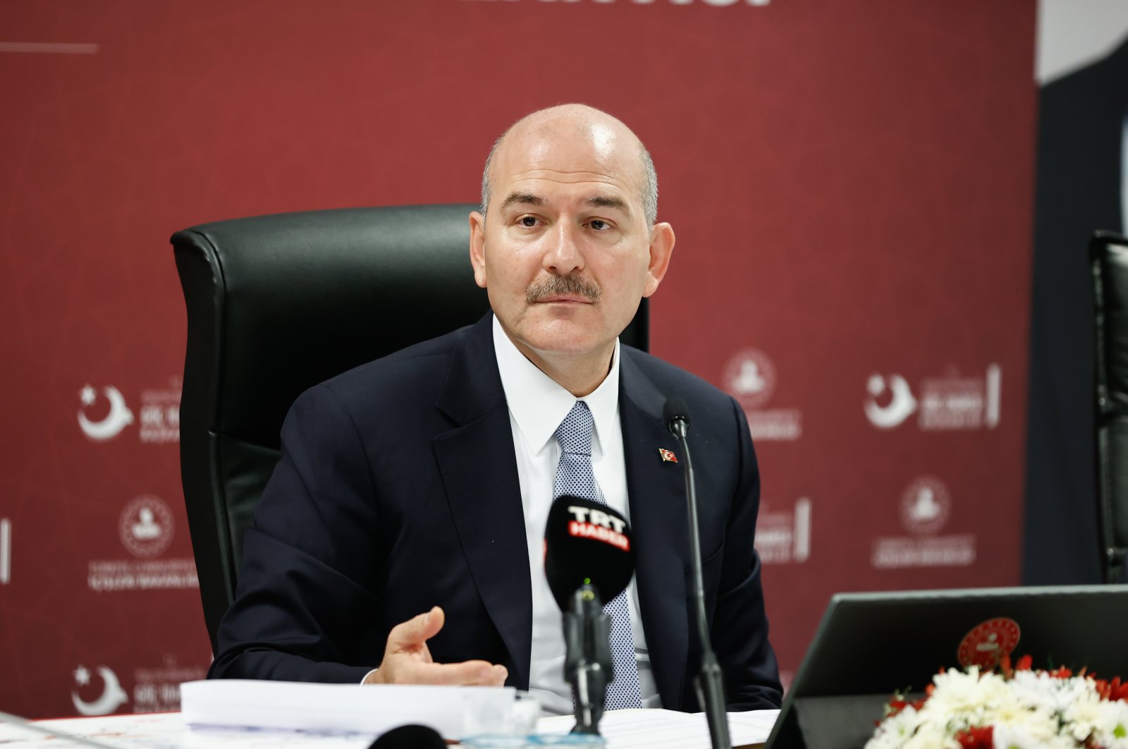 Interior Minister Süleyman Soylu speaking at a migration evaluation meeting in Istanbul, Türkiye, Oct.7, 2022 (AA Photo) 
