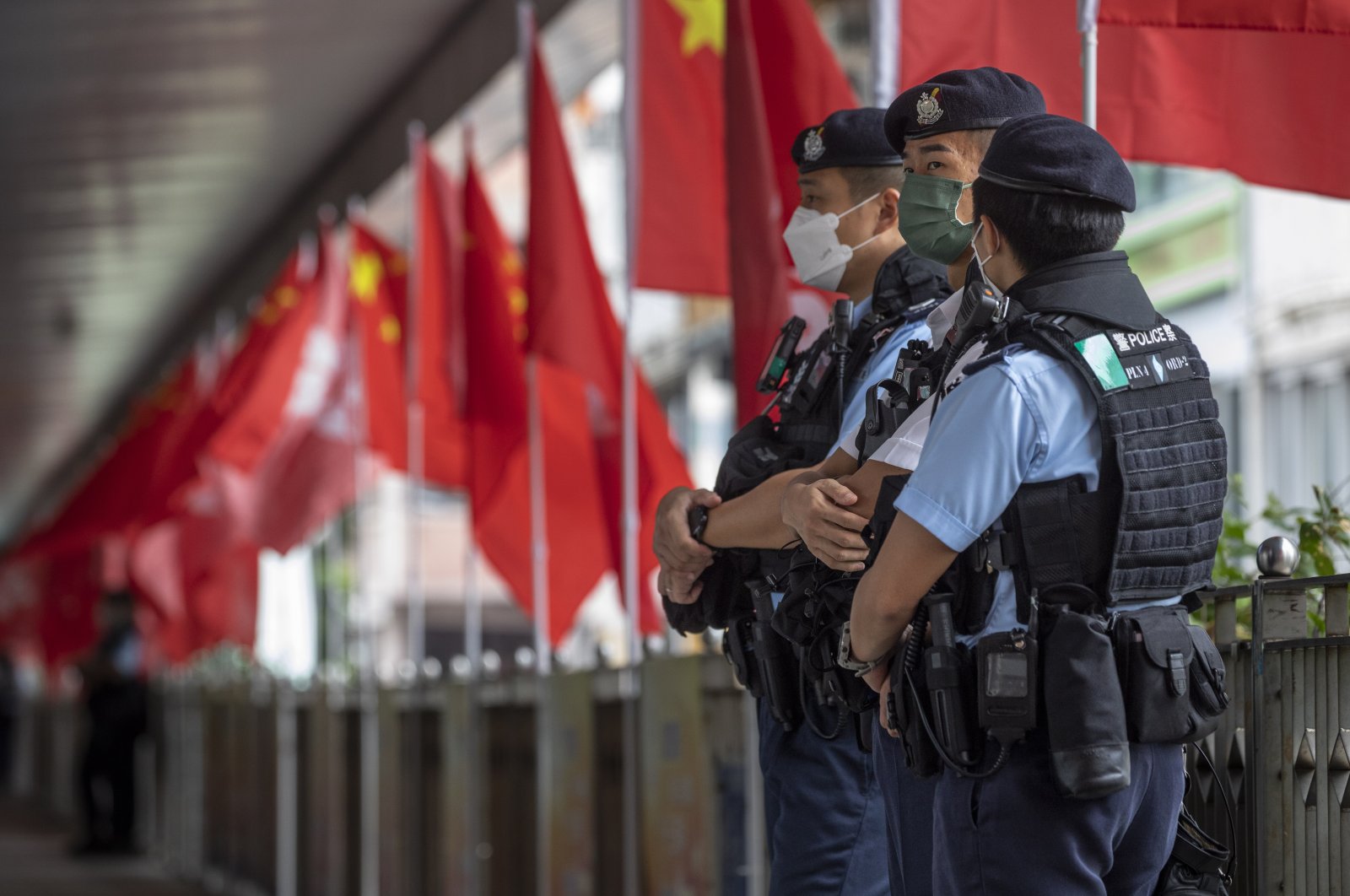 Police officers stand guard during China&#039;s National Day, Hong Kong, China, Oct. 1, 2022. (EPA Photo)