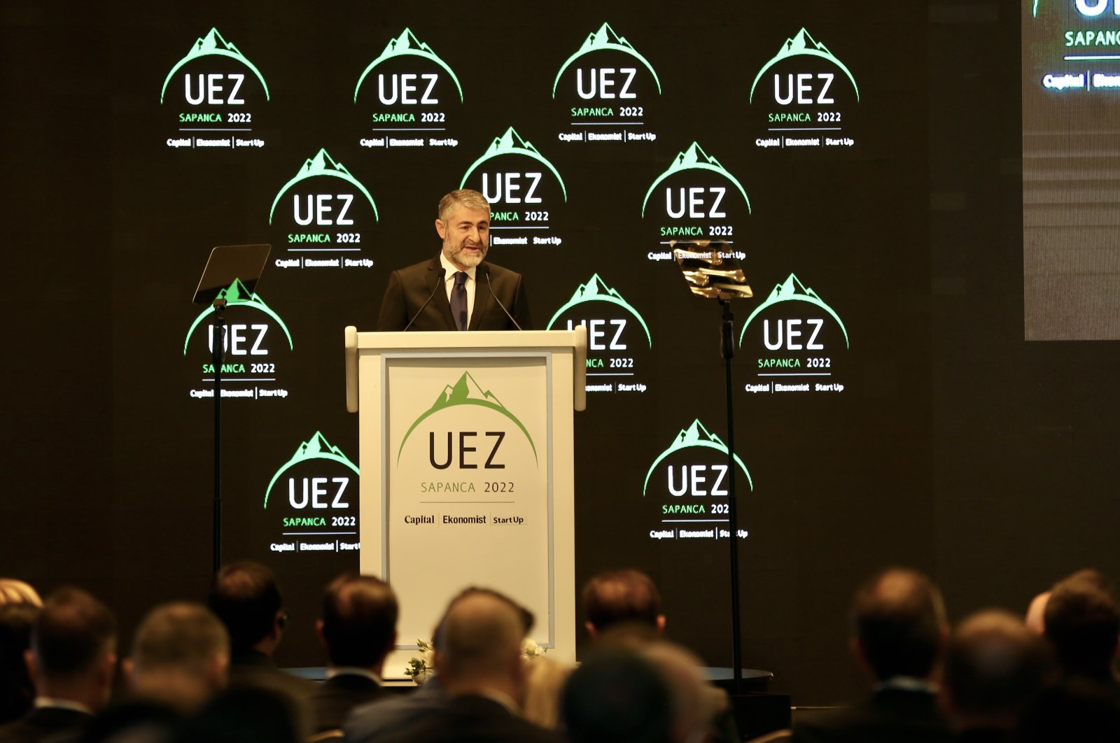 Treasury and Finance Minister Nureddin Nebati delivers a speech during the Uludağ Economy Summit 2022, in Sakarya, northwestern Türkiye, Oct. 7, 2022. (AA Photo)
