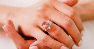 This undated image received from Sotheby's auction house on Oct. 8, 2022, shows the Williamson Pink Star diamond, which was sold at auction in Hong Kong for nearly $58 million on Oct. 7, setting a record for price per carat for any diamond or gemstone, according to auction house Sotheby's. (Sotheby's via AFP)