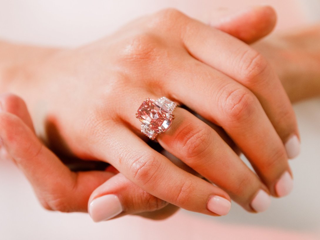 This undated image received from Sotheby's auction house on Oct. 8, 2022, shows the Williamson Pink Star diamond, which was sold at auction in Hong Kong for nearly $58 million on Oct. 7, setting a record for price per carat for any diamond or gemstone, according to auction house Sotheby's. (Sotheby's via AFP)