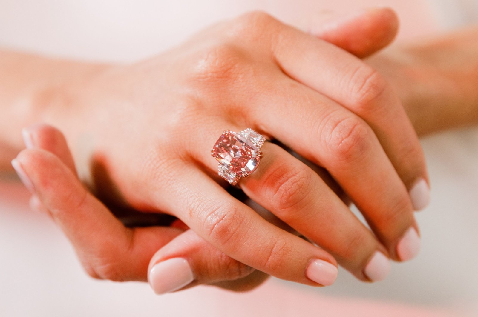 This undated image received from Sotheby&#039;s auction house on Oct. 8, 2022, shows the Williamson Pink Star diamond, which was sold at auction in Hong Kong for nearly $58 million on Oct. 7, setting a record for price per carat for any diamond or gemstone, according to auction house Sotheby&#039;s. (Sotheby&#039;s via AFP)