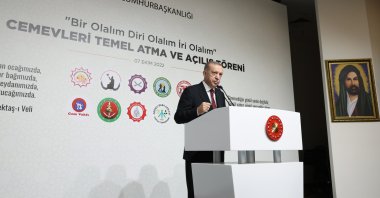 President Recep Tayyip Erdoğan speaks during a visit to the Şahkulu Sultan Cemevi in Istanbul, Türkiye, Oct. 7, 2022. (AA Photo)