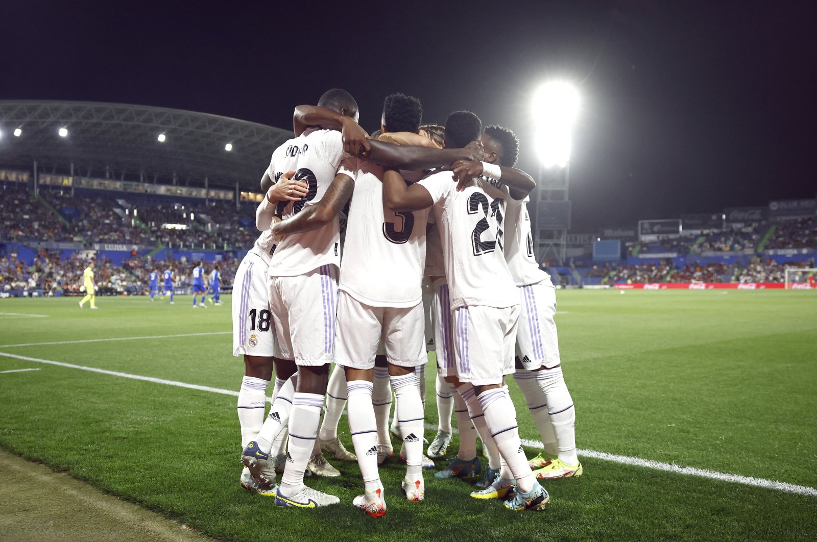 Real Madrid&#039;s Eder Militao celebrates scoring their first goal with teammates against Getafe, Getafe, Spain, Oct. 8, 2022. (Reuters Photo)