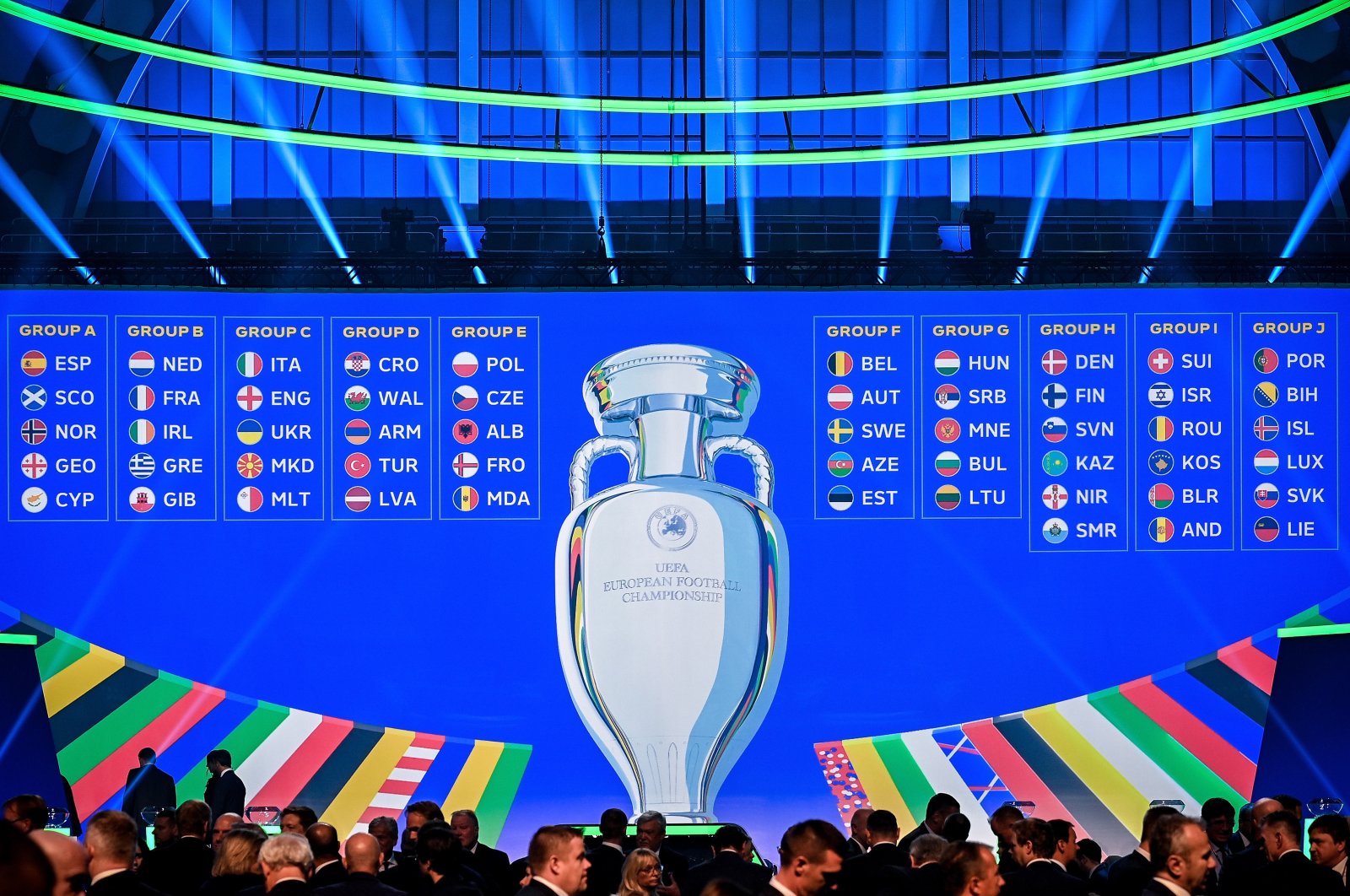 The qualifying groups are displayed on an electronic panel at the end of the UEFA EURO 2024 qualifying draw at the Festhalle exhibition centre in Frankfurt am Main, Germany, Oct. 9, 2022. (EPA Photo)