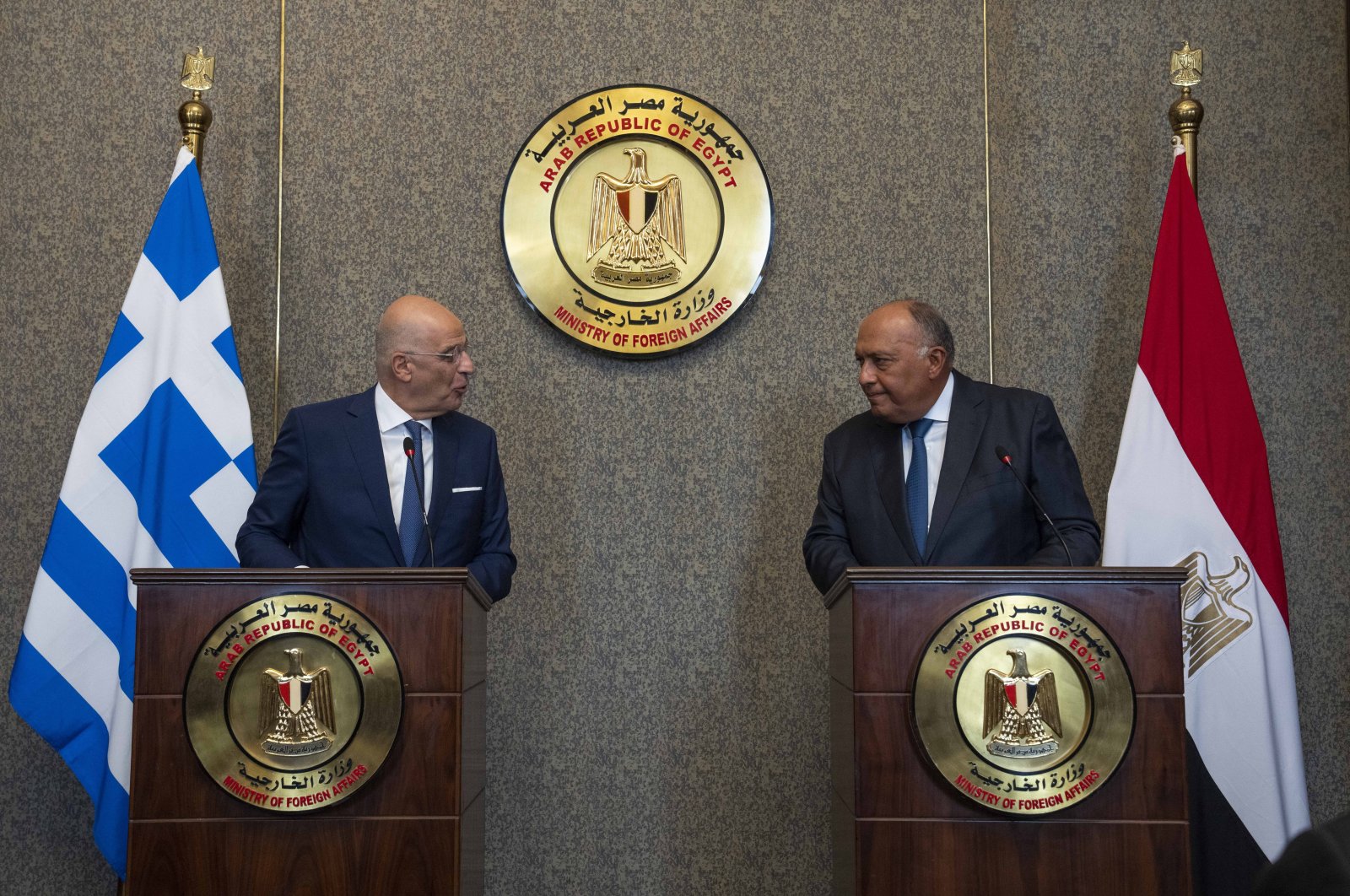 Greek Foreign Minister Nikos Dendias (L) and Egyptian Foreign Minister Sameh Shukry hold a joint press conference, at the foreign ministry headquarters in Cairo, Egypt, Oct. 9, 2022. (AP Photo)