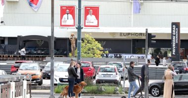 People walk past election billboards in Sarajevo, Bosnia-Herzegovina, Oct. 3, 2022. (EPA Photo)
