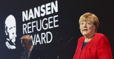 Former Chancellor of Germany Angela Merkel speaks upon receiving the United Nations High Commissioner for Refugees (UNHCR) Nansen Refugee Award for protecting refugees at the height of the Syria crisis during a ceremony in Geneva, Switzerland, Oct. 10, 2022.  (EPA Photo)