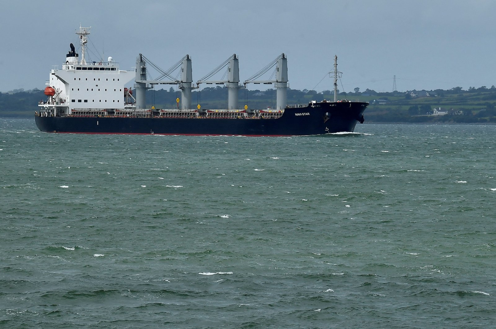 The Panama-flagged bulk carrier ship Navi Star arrives at Foynes Port to deliver 33,000 tons of Ukrainian corn to Ireland after departing from Odessa following the formation of the Black Sea grain initiative, in Foynes, Ireland, Aug. 20, 2022. (Reuters Photo)