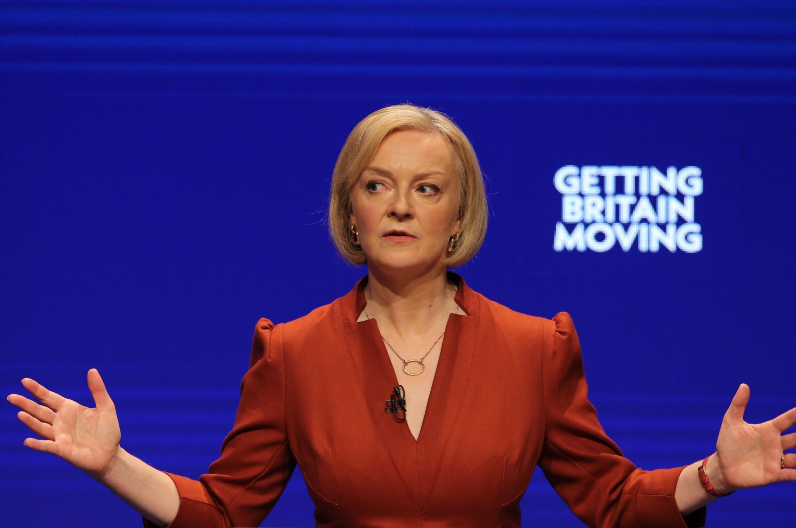British Prime Minister Liz Truss delivers her keynote speech at the Conservative Party Conference, Birmingham, Britain, Oct. 5, 2022. (EPA Photo)