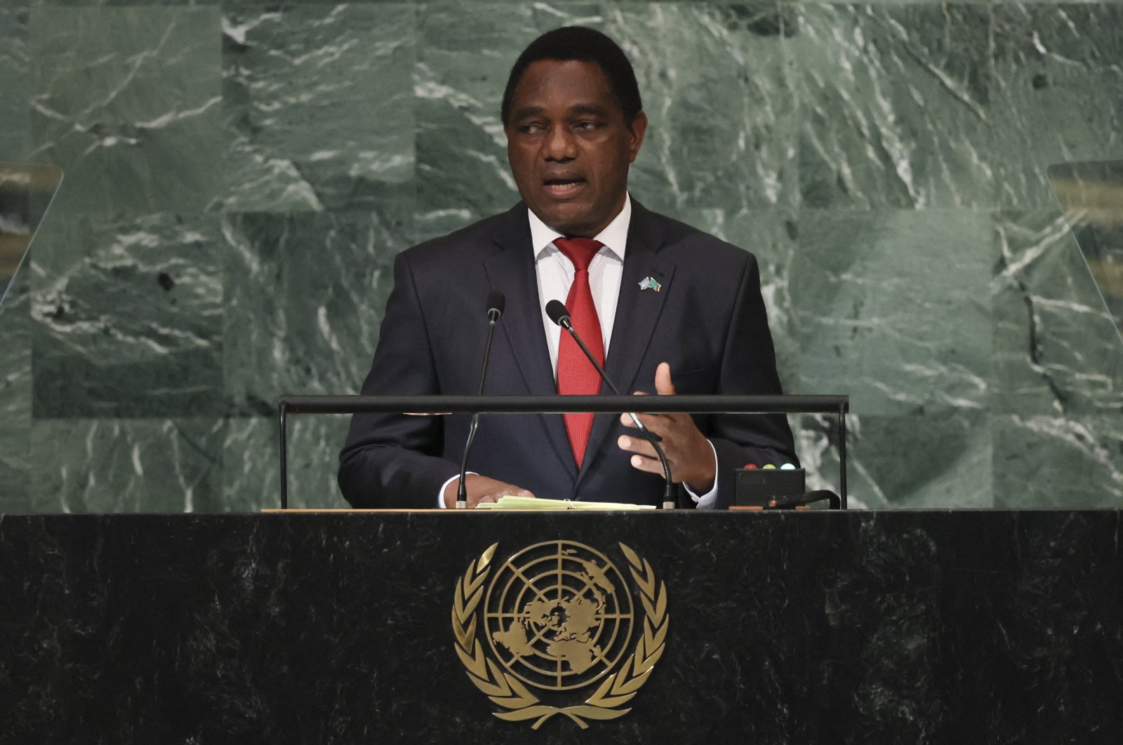 Zambia&#039;s President Hakainde Hichilema addresses the 77th Session of the United Nations General Assembly at U.N. Headquarters, New York City, U.S., Sept. 1, 2022. (Reuters Photo)