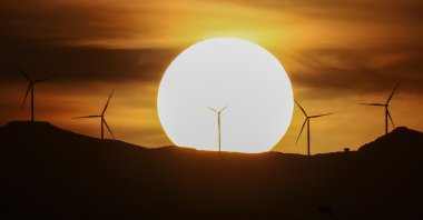 Wind turbines are seen in the Gevaş district of eastern Van province, Türkiye, April 1, 2021. (AA Photo)