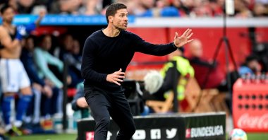 Leverkusen's head coach Xabi Alonso reacts during the German Bundesliga match between Bayer Leverkusen and FC Schalke 04 in Leverkusen, Germany, Oct. 8, 2022. (EPA Photo)