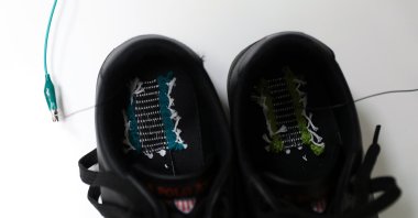 Shoes fitted with flexible fiber sensors created by Bilkent University National Nanotechnology Research Center (UNAM) are seen in this photo. (AA File Photo)
