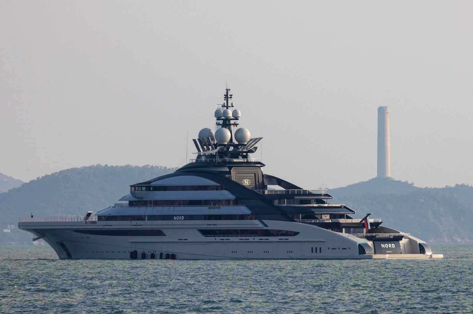 The docked 465-foot superyacht &quot;Nord,&quot; owned by the sanctioned Russian oligarch Alexey Mordashov, Hong Kong, Oct. 7, 2022. (Reuters Photo)