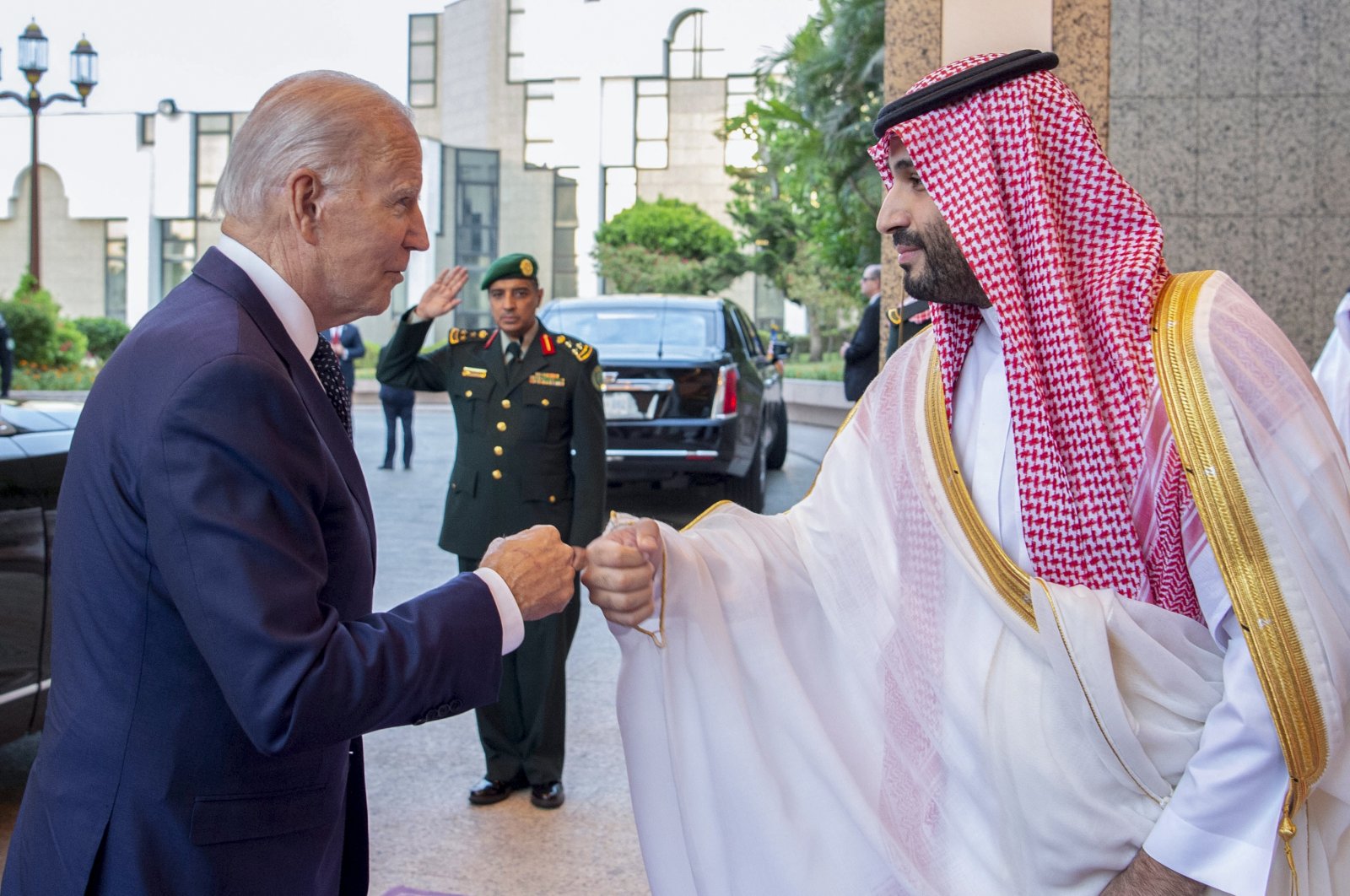 Saudi Crown Prince Mohammed bin Salman (R) greets U.S. President Joe Biden with a fist bump after his arrival at Al-Salam palace in Jeddah, Saudi Arabia, July 15, 2022.  (Saudi Royal Palace via AP)
