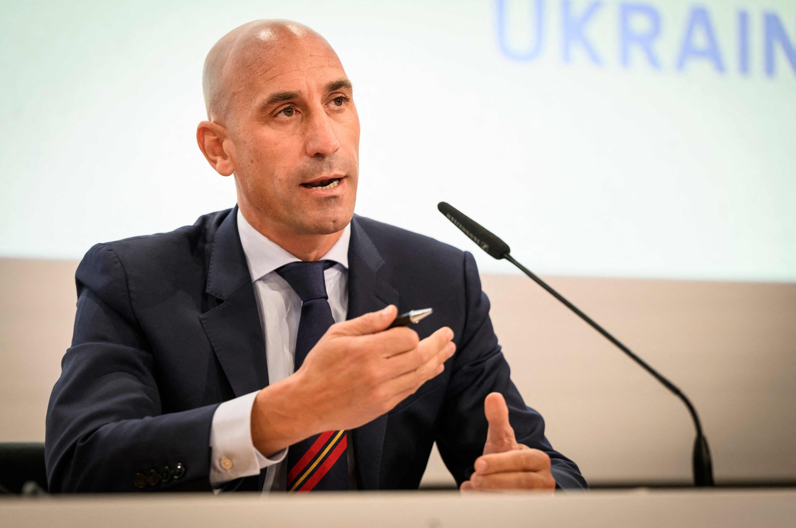 President of the Spanish Football Federation Luis Rubiales speaks during a press conference to announce Spain, Portugal and Ukraine&#039;s bids for the 2030 World Cup at the UEFA headquarters, Nyon, Switzerland, Oct. 5, 2022. (AFP Photo)