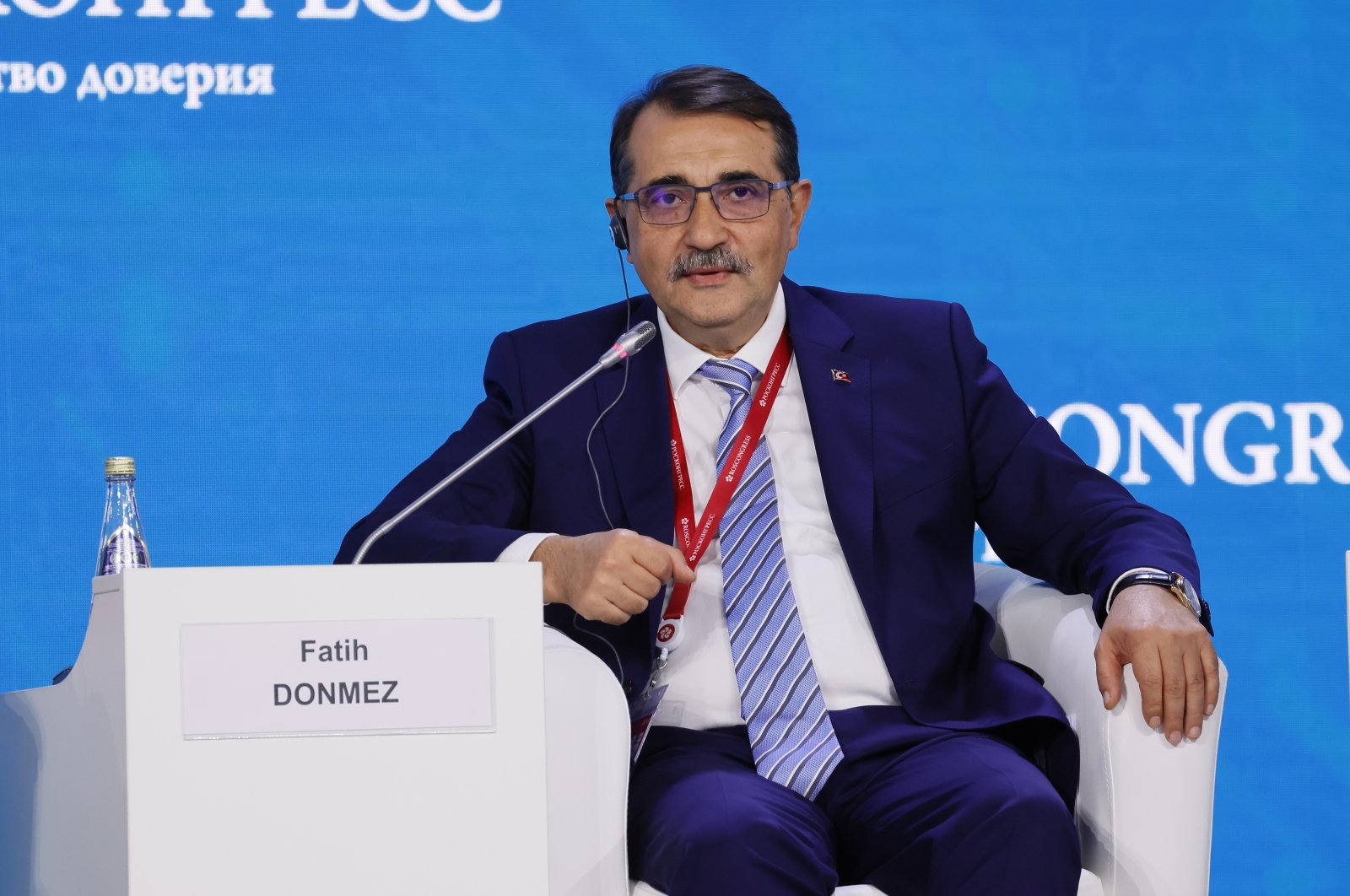 Energy and Natural Resources Minister Fatih Dönmez speaks during a panel on the sidelines of the Russian Energy Week forum in Moscow, Russia, Oct. 12, 2022. (AFP Photo) 