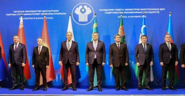The members of the Council of Foreign Ministers of the Commonwealth of Independent States pose for a family photo in Astana, Kazakhstan, Oct.12, 2022. (AA Photo)