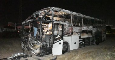 Eighteen people, including eight children, lost their lives and dozens were injured in the bus fire in Karachi, Pakistan, Oct. 13, 2022. (AA Photo)