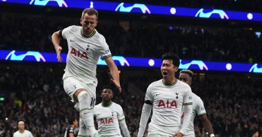 Harry Kane and Son Heung-min celebrate scoring goal during UEFA Champions League group D match between Tottenham Hotspur and Eintracht Frankfurt, London, Britain, Oct. 12, 2022. (EPA Photo)