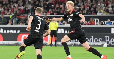 Paul Jaeckel (L) celebrates scoring the opening goal with his team mate Morten Thorsby VfB Stuttgart vs. Union Berlin match, Stuttgart, southern Germany, Oct. 09, 2022. (AFP Photo)