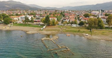 The remains of basilica discovered in 2014 became visible due to the withdrawal of water in Lake Iznik, Bursa, Oct. 10, 2022. (AA Photo)