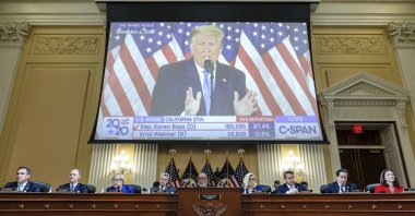 A video of then-President Donald Trump speaking is displayed as the House select committee investigating the Jan. 6 attack on the U.S. Capitol holds a hearing on Capitol Hill in Washington, Oct. 13, 2022. (AP Photo)