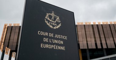 The photo shows a sign with the inscription "Cour de Justice de l'Union Europeene" in front of a building of the European Court of Justice (ECJ) in Luxembourg, April 1, 2022. (Reuters File Photo)