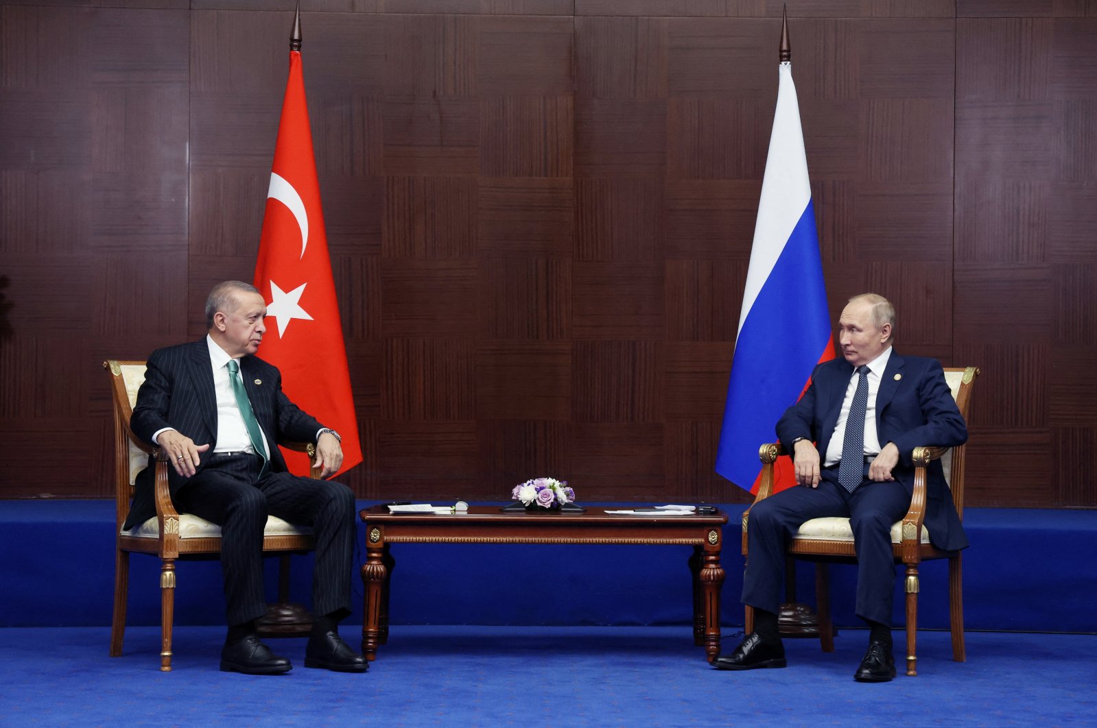 Russia&#039;s President Vladimir Putin and Turkey&#039;s President Tayyip Erdogan meet on the sidelines of the 6th summit of the Conference on Interaction and Confidence-building Measures in Asia (CICA), in Astana, Kazakhstan October 13, 2022.   Sputnik/Vyacheslav Prokofyev/Pool via REUTERS ATTENTION EDITORS - THIS IMAGE WAS PROVIDED BY A THIRD PARTY.