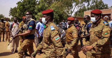 Burkina Faso&#039;s new leader Capt. Ibrahim Traore arrives for a ceremony to honor the soldiers killed in Gaskinde, Ouagadougou,  Oct. 8, 2022. (AFP Photo)