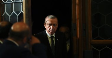 President Recep Tayyip Erdoğan arrives for a media conference after a meeting of the European Political Community at Prague Castle in Prague, Czech Republic, Oct. 6, 2022. (AP Photo)