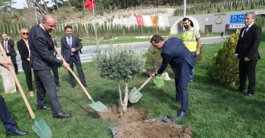Mehmet Kalyoncu (R) plants a sapling, in Çanakkale, western Türkiye, Oct. 11, 2022. (AA PHOTO) 