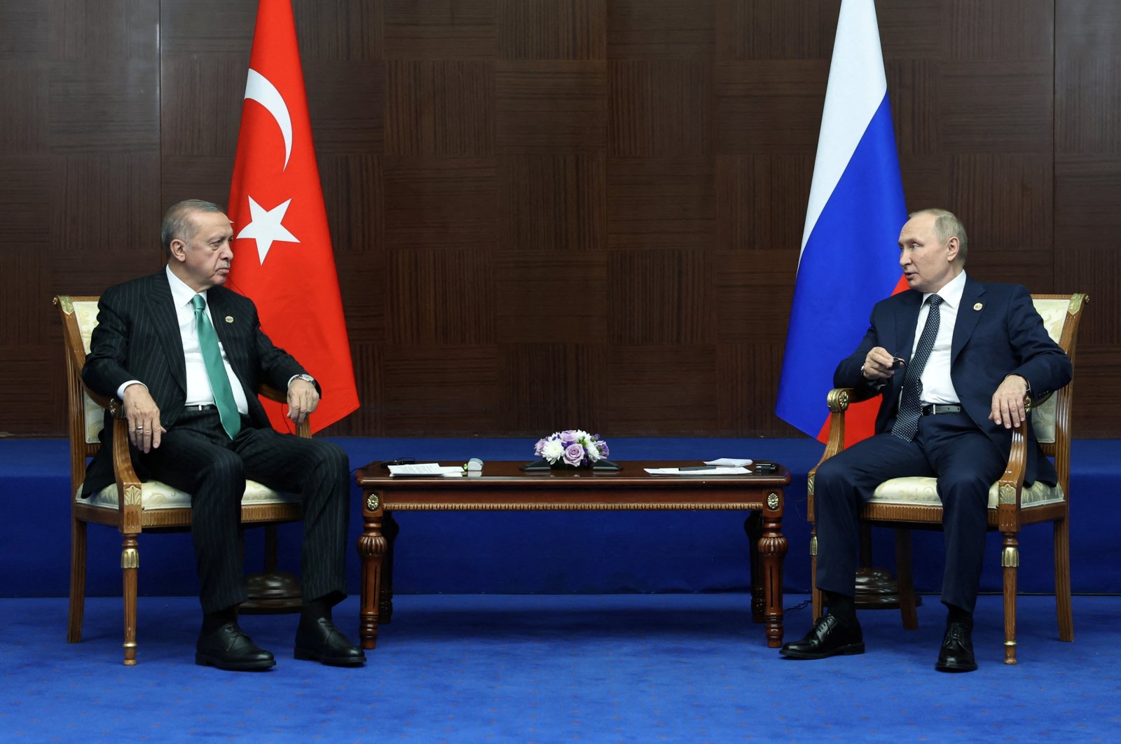 President Recep Tayyip Erdoğan meets with Russian President Vladimir Putin in Astana, Kazakhstan, Oct. 13, 2022. (Turkish Presidential Press Office via Reuters)