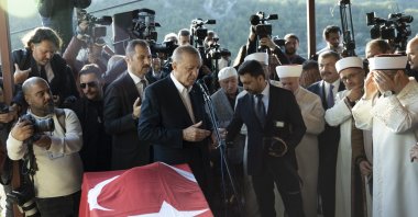President Recep Tayyip Erdoğan (C) takes part in the funeral of a worker who was killed in a mine blast in the northern Amasra district of Bartın, Türkiye, Oct. 15, 2022. (AA Photo)