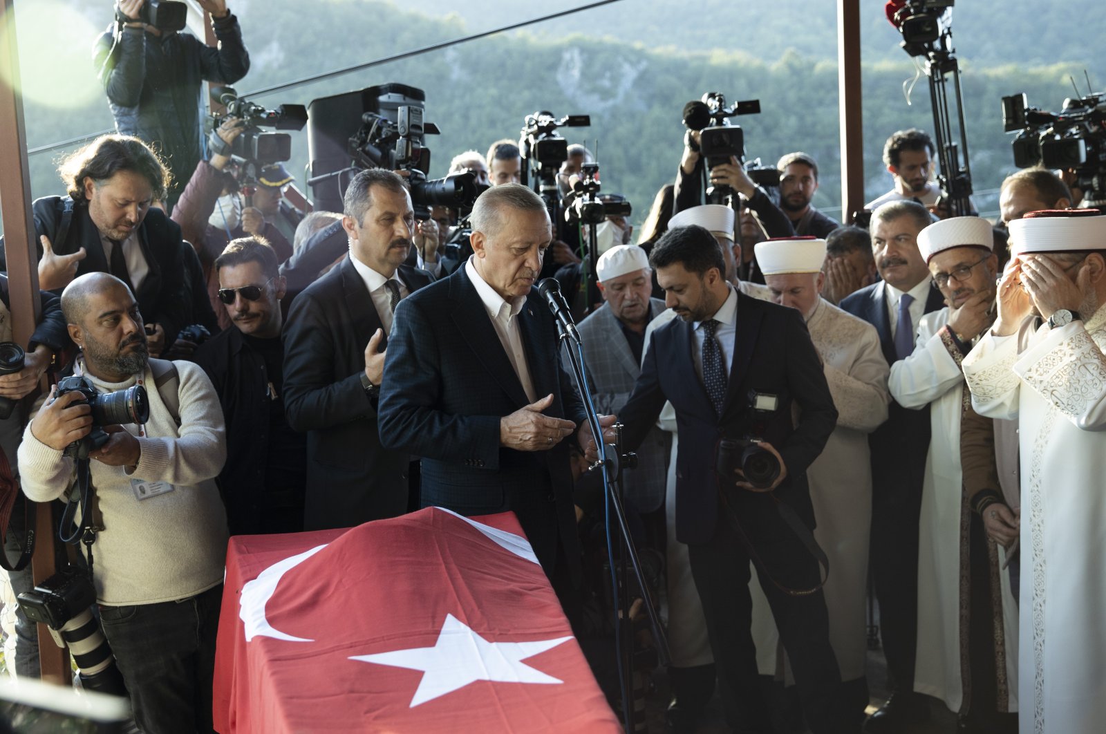 President Recep Tayyip Erdoğan (C) takes part in the funeral of a worker who was killed in a mine blast in the northern Amasra district of Bartın, Türkiye, Oct. 15, 2022. (AA Photo)