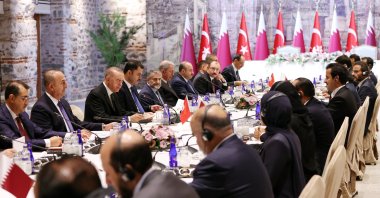 President Recep Tayyip Erdoğan and Qatar&#039;s Emir Sheikh Tamim bin Hamad Al Thani chair the eigth meeting of the Strategic Committee in Istanbul, Türkiye, Oct. 14, 2022. (AA Photo)