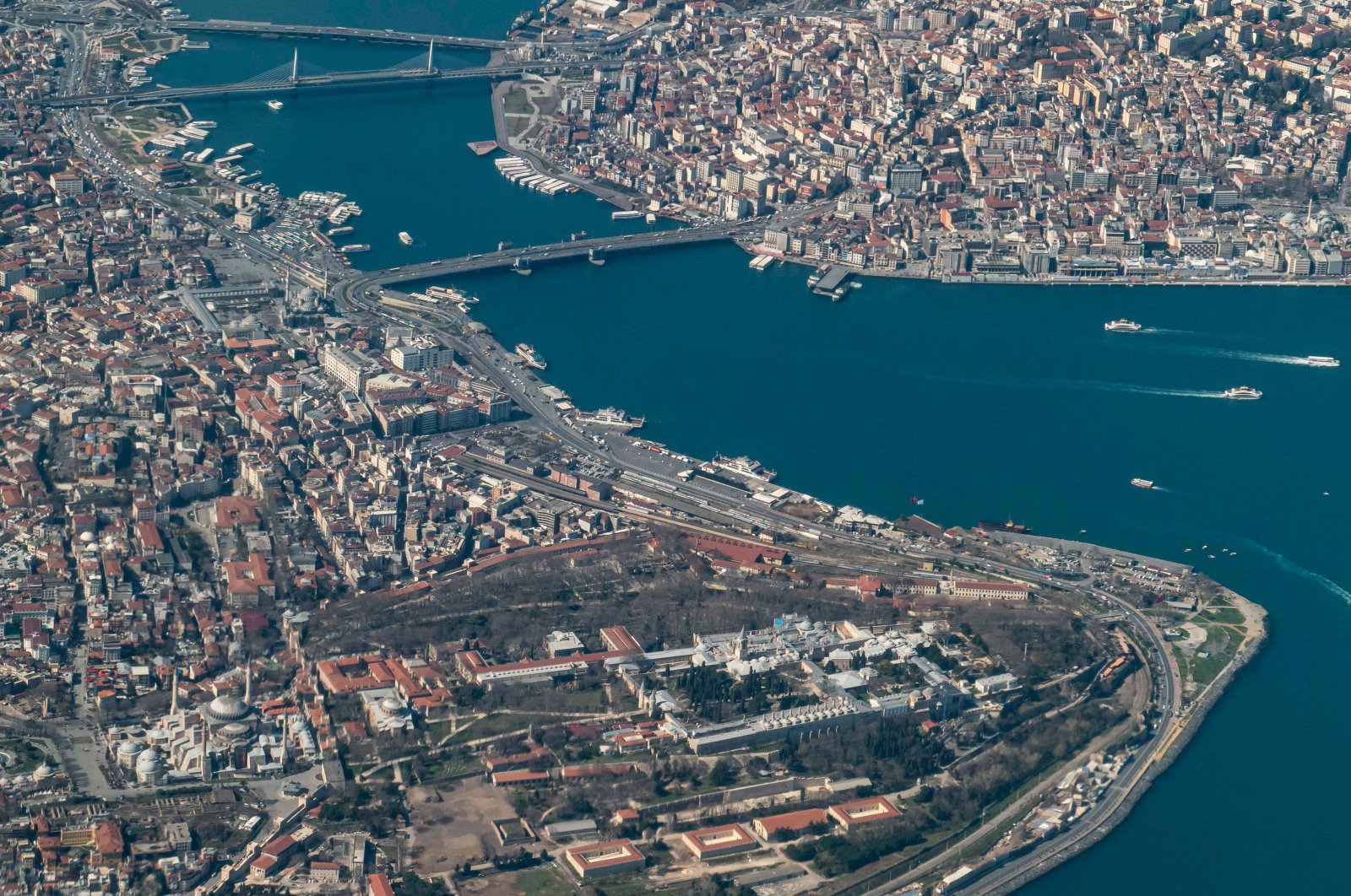 An aerial view of Istanbul from an airplane flying over the historic city with World Heritage landmarks, Türkiye, April 12, 2020. (Reuters Photo)