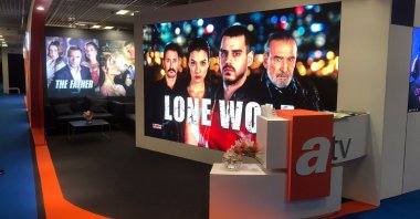 A booth of Turkuvaz Media&#039;s ATV is seen during the MIPCOM fair, in Cannes, France, Oct. 17, 2022. (Photo by Betül Alakent)