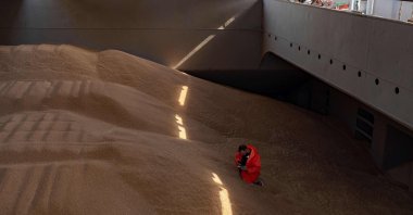 A crew member prepares a grain analysis as part of a U.N. inspection of the Barbados-flagged ship "Nord Vind" coming from Ukraine loaded with grain and anchored in Istanbul, on Oct.11, 2022. (AFP File Photo)