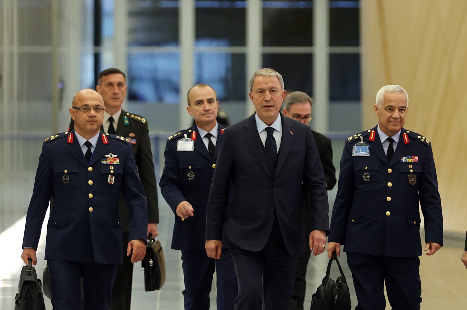 Türkiye&#039;s Minister of National Defense Hulusi Akar met with German Defense Minister Christine Lambrecht at the NATO Defense Ministers Meeting, Brussels, Belgium, Oct. 13, 2022. (AA Photo)