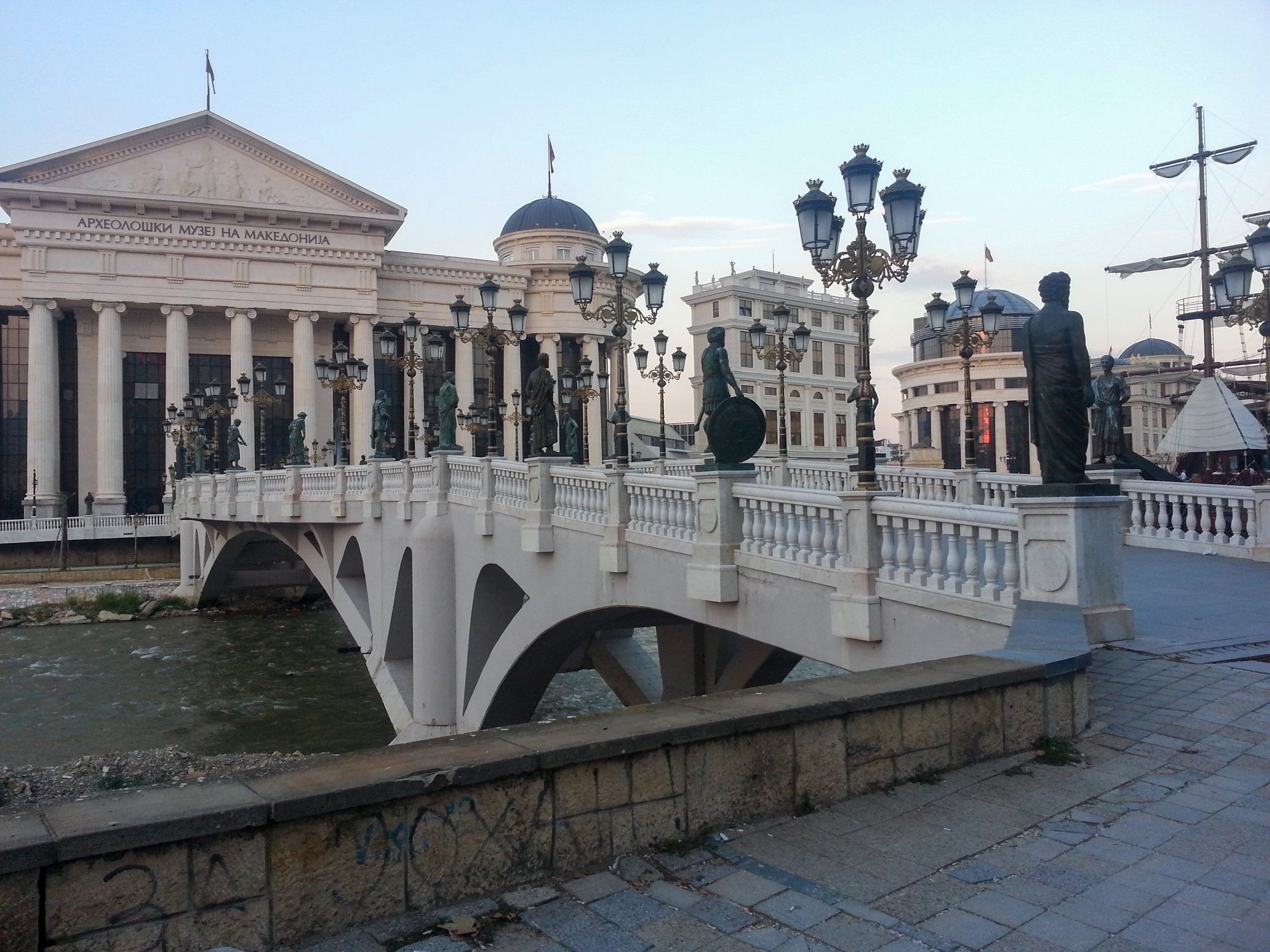 The Archaeological Museum and the Freedom Bridge in Skopje, North Macedonia.  (Photo by Özge Şengelen)
